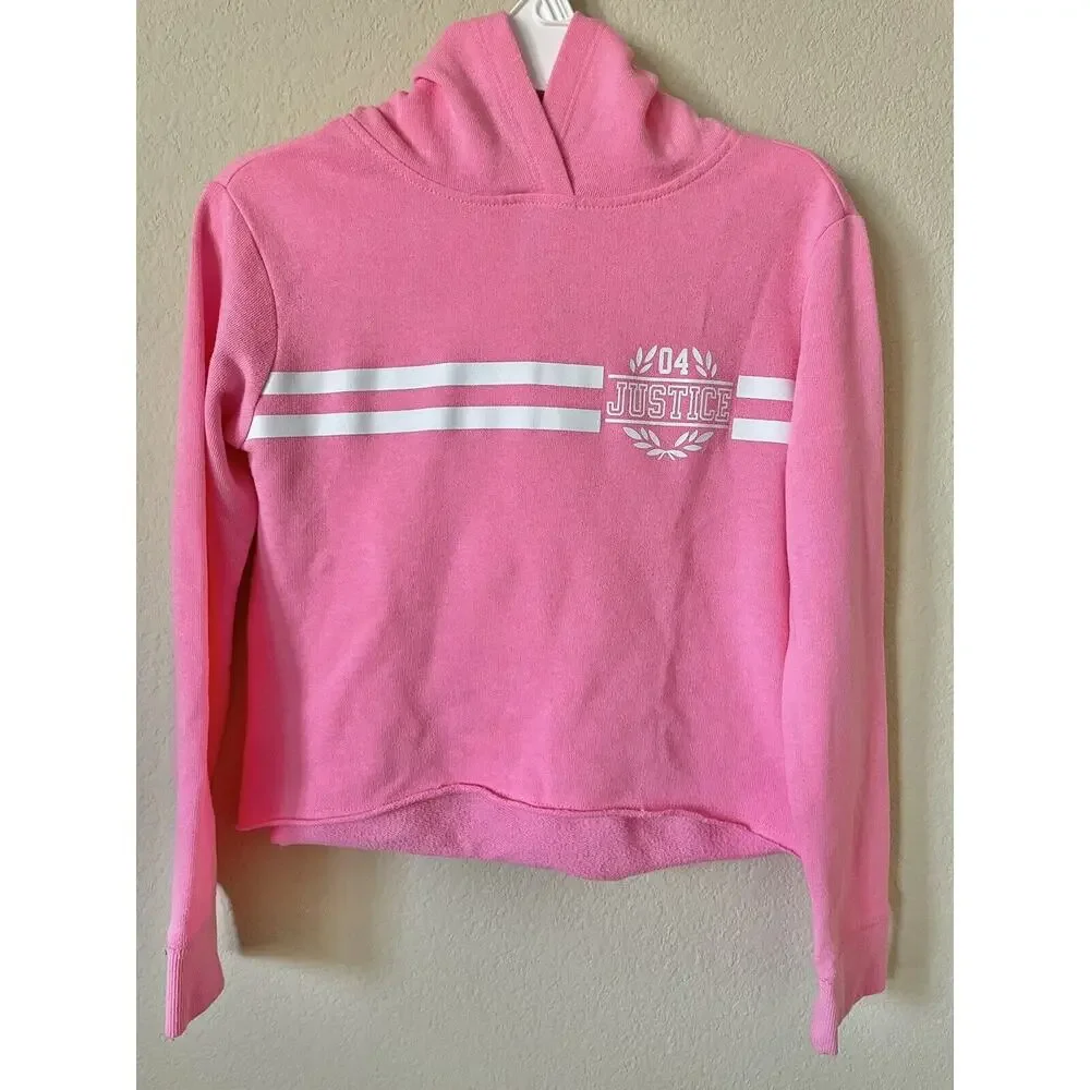 Justice Hot Pink White Striped Logo Graphics Girls’ Pullover Hoodie Size 8